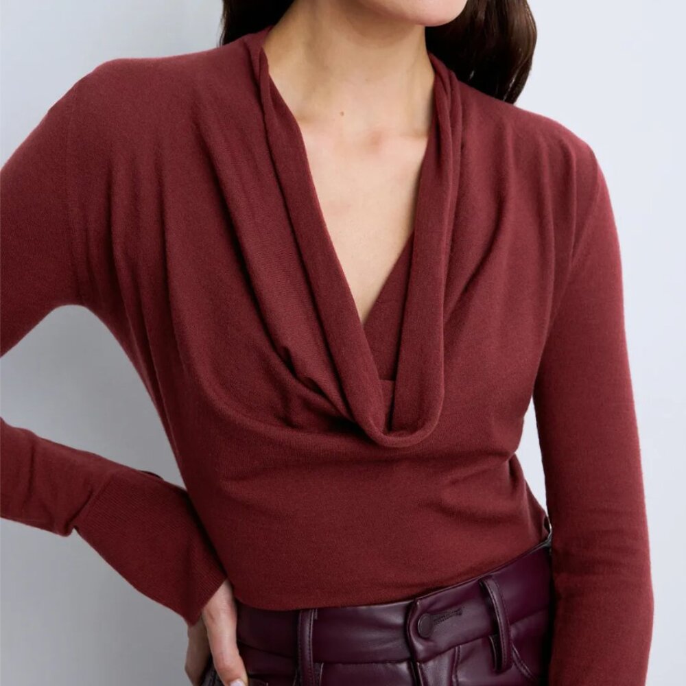 SIMKHAI Natia Cowlneck Knit Top in Maroon Dark Red Long Sleeve Shirt Large L